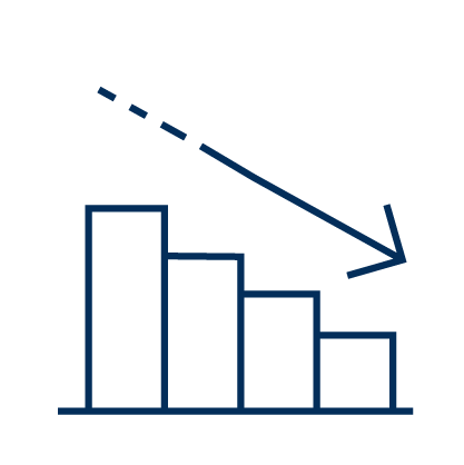 Blue illustration outline of a bar chart showing decreasing steps, with an arrow pointing downwards