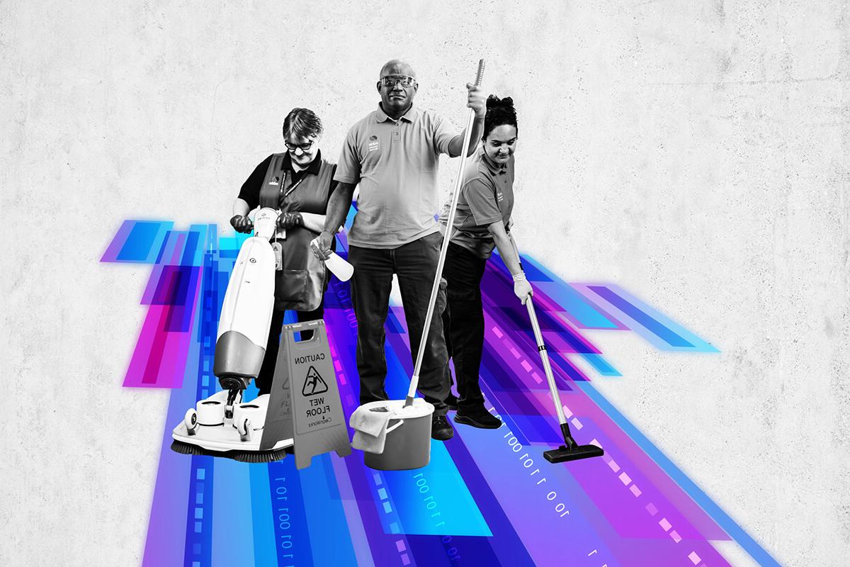 Three Mitie colleagues in black and white using various cleaning machinery, with stripes of purple, blue and magenta underneath them